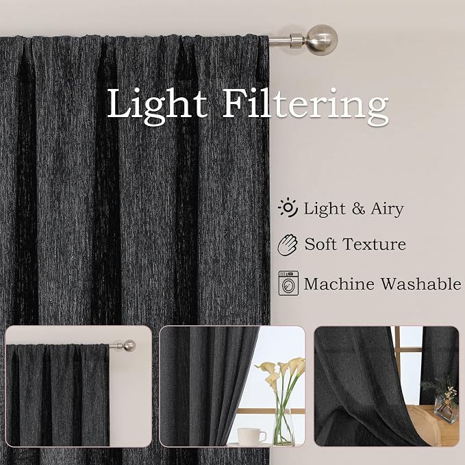 Simplebrand Black Faux Linen Textured Semi Sheer Curtains 72 Inches Long 2 - Image 7