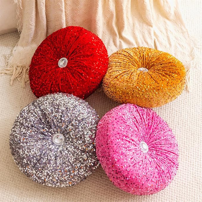 Round Throw Pillow, 13.7" Soft Glitter Sequin Pleated Pumpkin Decorative Round - Image 3