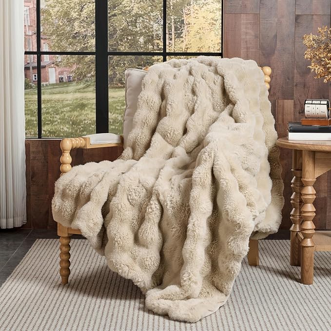 Lotus Karen Faux Fur Throw Blanket Linen by LotusKaren