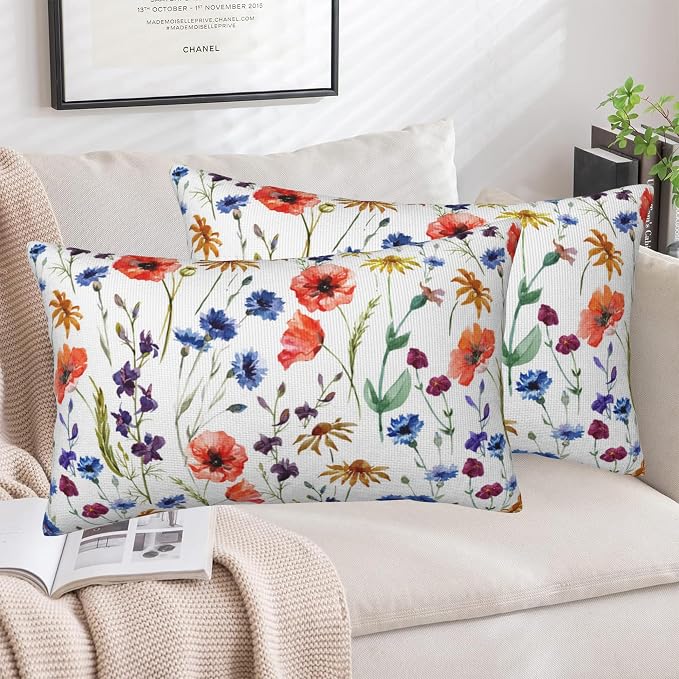 Wildflowers Throw Pillow Covers Set of 2 Watercolor Poppy Pillow Covers 20x12 - Image 5