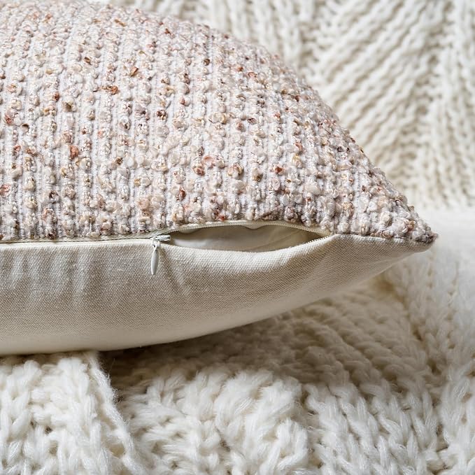 Striped Throw Pillow Covers 12x20 Set of 2 Beige Textured Boucle Chic Morden - Image 3