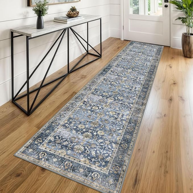 KUTA Vintage Washable Runner Rug, 2x8 Blue Grey Beige Runners by KUTA