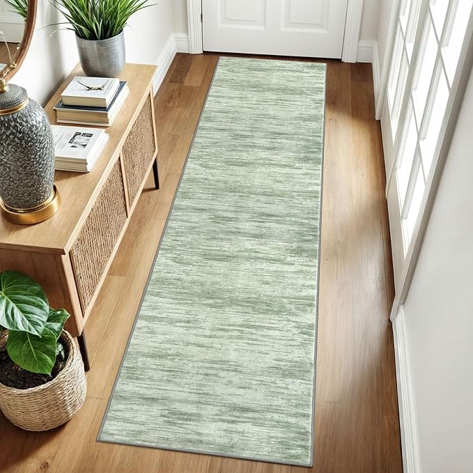 2x8 Modern Abstract Runner Rug for Hallways, Light Sage Green and Ivory Super - Image 3
