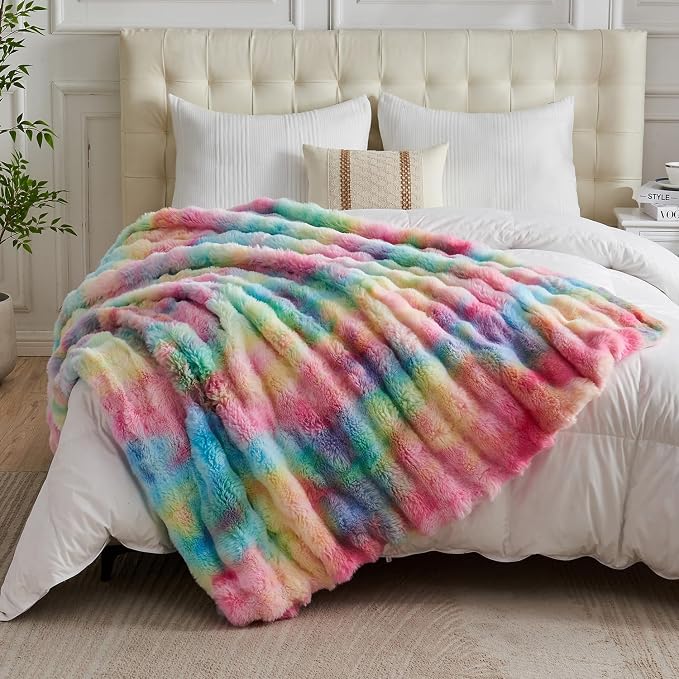 Lotus Karen King Size Faux Fur Blanket Rainbow - Image 5