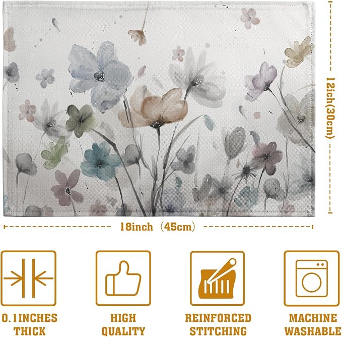 Flower Placemats Set of 4 Brown Cream Grey Poppy Flowers Table Mats Watercolor - Image 4