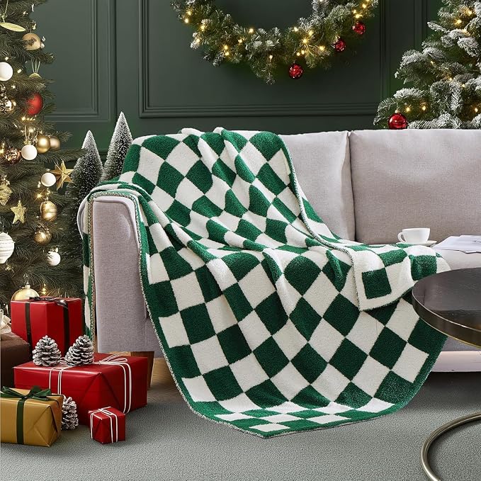 WRENSONGE Checkered Throw Blanket, Avocado Green Soft Cozy Fluffy Warm Hand - Image 2