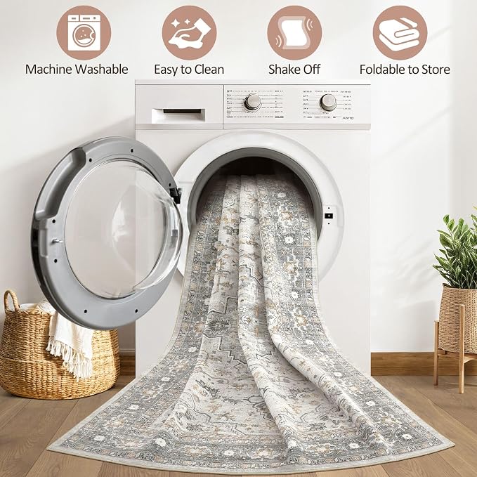 7x9 Area Rug Living Room: Washable Boho Large Neutral Vintage Soft Rugs Stain - Image 2