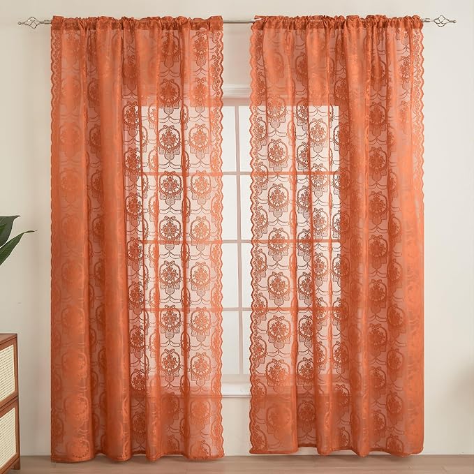 Burnt Orange Lace French Delicacy Curtains 63 Inches Long -Rod Pocket Luxury - Image 2