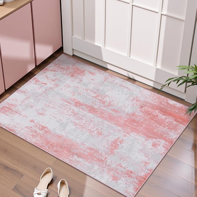 Ciicool Modern Abstract Area Rug, 2x3 Pink Grey Washable Small Entryway Rug by CIICOOLHomeDeco