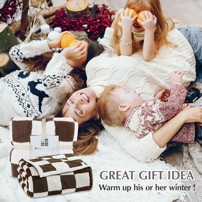 WRENSONGE Checkered Throw Blanket, Coffee Soft Cozy Fluffy Warm Hand Made Throw - Image 7