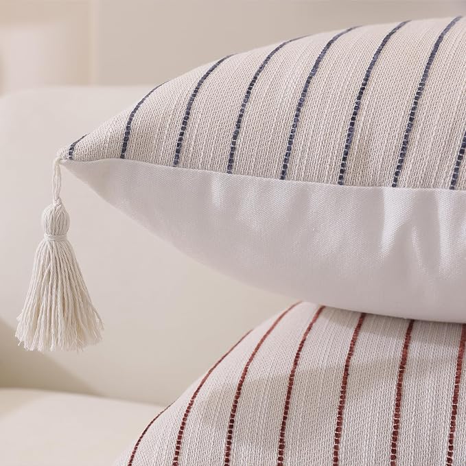 Boho Lumbar Pillow Covers 14x36 Inch Long, Wine Red Textured Linen Striped - Image 3