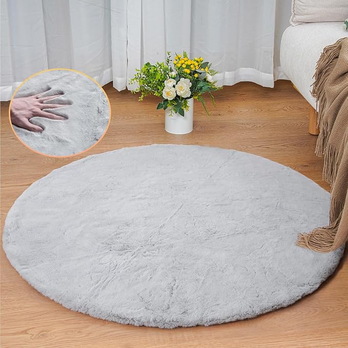 Round Furry Rugs for Living Room Faux Rabbit Fluffy Fur Rug for Bedroom - Image 3