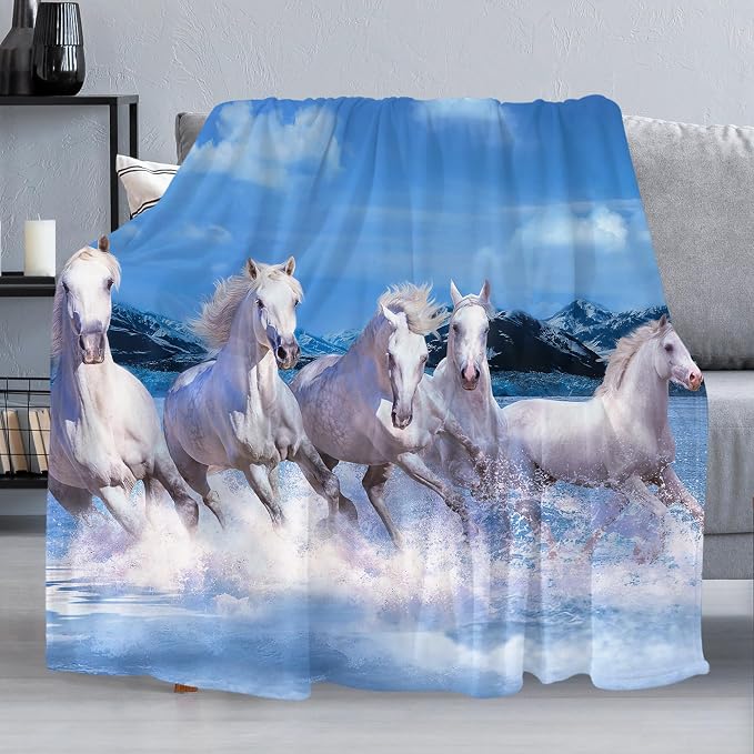 Prancing White Horses Throw Blanket by Dtccet