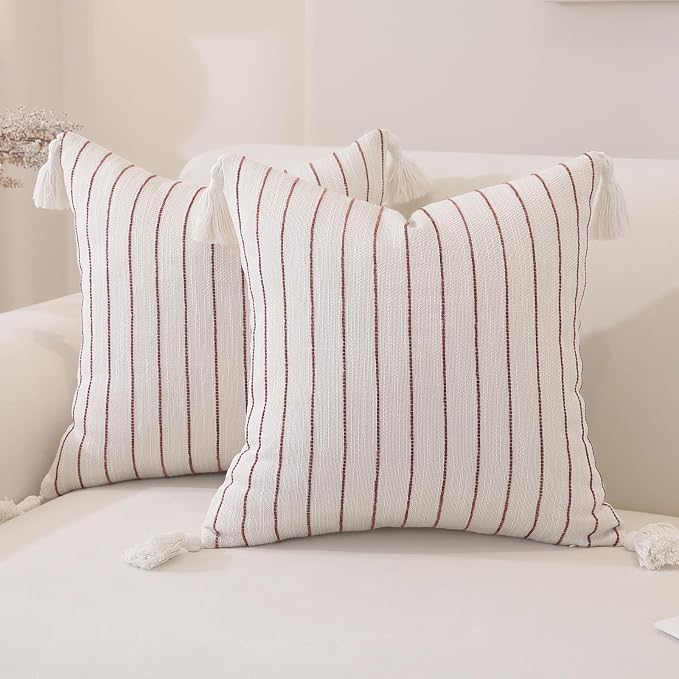 Boho Throw Pillow Covers 20x20 Inch Set of 2, Wine Red Textured Linen Striped by QDTTSRY