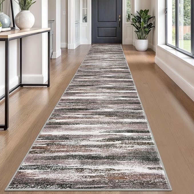 Modern Abstract Runner Rug 2.6x18, Dark Light Brown White Washable Long Kitchen by lansny