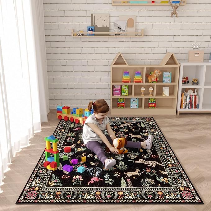 Rugcomf Area Rug 4x6 Rug Washable Boho Rugs Non Slip Low Pile Floral Animal - Image 3