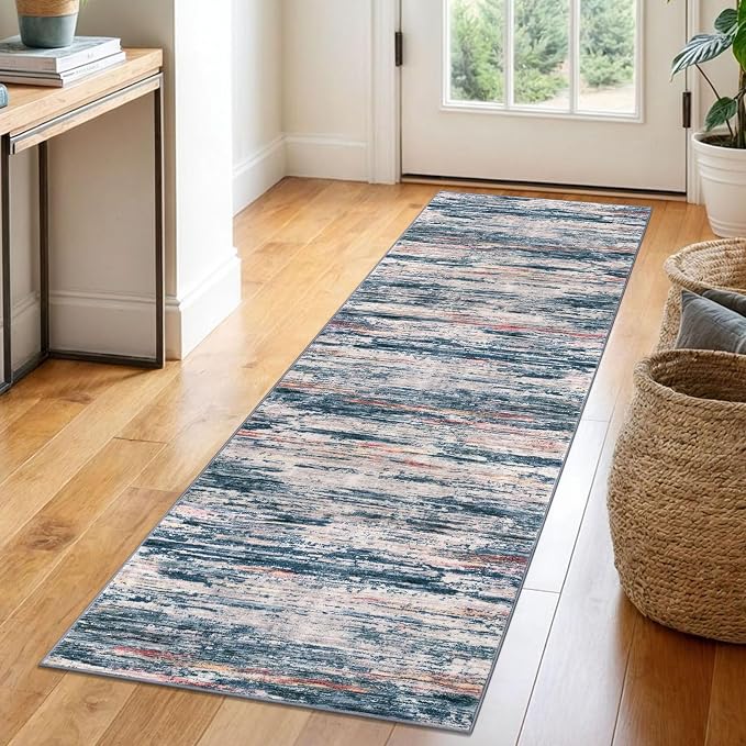 2x6 Modern Abstract Runner Rug for Hallway, Teal Blue Peach Gray Multi Super by SiiloomRug