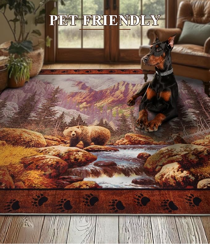 YIHOUSE Rustic Cabin Area Rug for Bedroom 6x9, Machine Washable Woodland Bear - Image 6