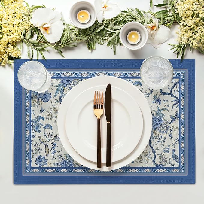 Giwawa 4PCs Chinoiserie Placemats Blue White Floral Birds Decorative Linen - Image 3