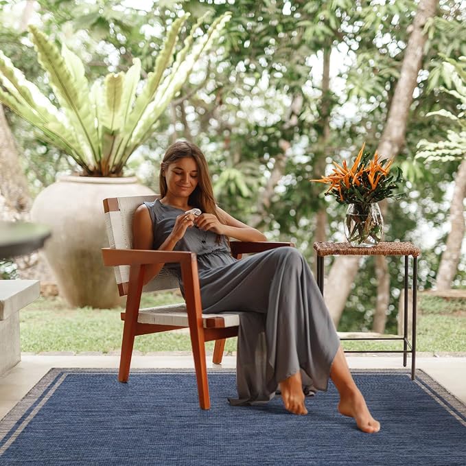 CAMILSON Outdoor Rug, 8x10 Bordered Navy Blue Gray Modern Area Rugs - Image 9