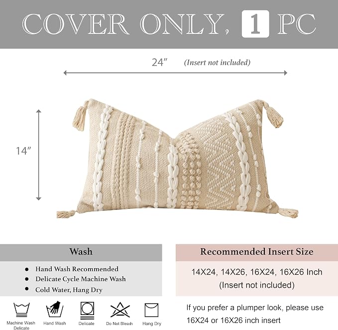 BlissBlush Decorative Lumbar Pillow Cover 14x24, Cream White Boho Accent Throw - Image 5