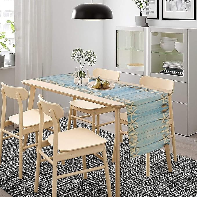Summer Beach Starfish Table Runner Beach Seashells Blue Rustic Wood Printed - Image 3
