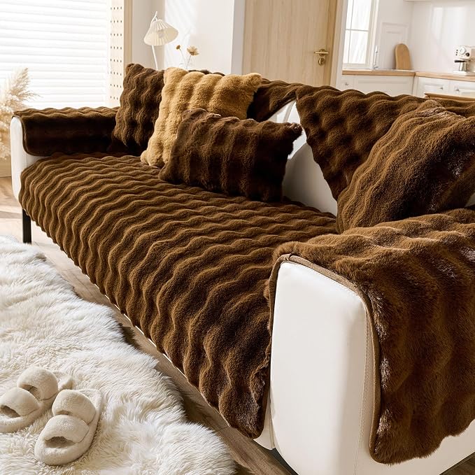 Faux Fur Couch Cover Fuzzy Soft Plush Thick Bubble Sofa Cover Luxury Sectional - Image 4