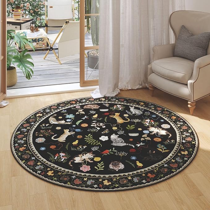 Rugcomf Round Rug 4ft Washable Circle Rug Non Slip Low Pile Boho Floral Animal - Image 3