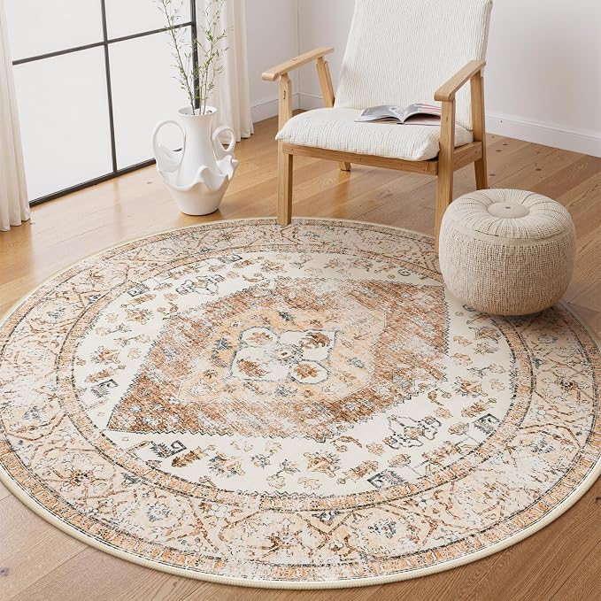 Lahome Boho Round Rugs - 4Ft Washable Non-Slip Small Round Area Rug Throw by Lahome
