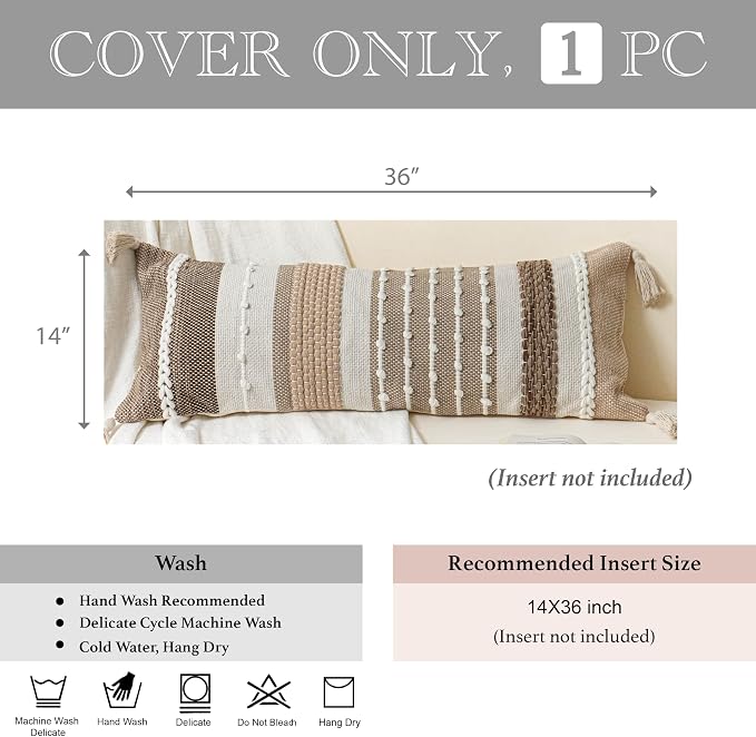BlissBlush Brown Decorative Lumbar Pillow Cover 14x36 Boho Long Body Pillow - Image 4