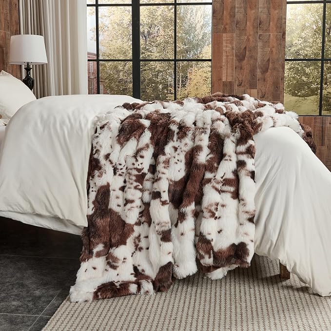 Lotus Karen Faux Fur Throw Blanket Cow Print-Dark Brown, Fluffy Fuzzy Plush - Image 5
