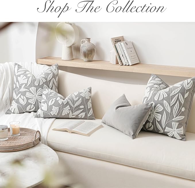 BlissBlush Grey Velvet Floral Decorative Throw Pillow Cover 20X20, Light Gray - Image 8