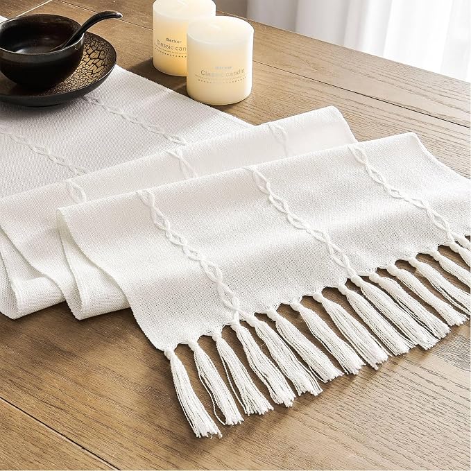 ZeeMart Farmhouse Braided Striped Table Runner, Rustic Ivory Table Runners 90 - Image 7