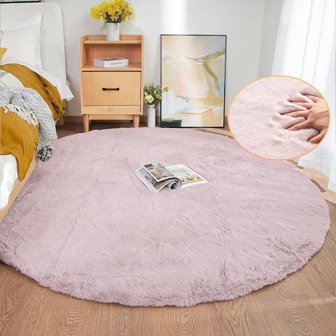 Pink Fluffy Round Rugs 6ft Large Circle Washable Faux Rabbit Shaggy Fur Rugs by ORINOVA