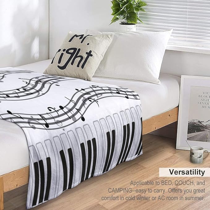 Music Blanket Black White Piano Keys Music Note Modern Abstract Art Print Soft - Image 3