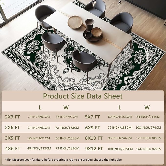 4x6 Traditional Oriental Area Rug Black White Dark Green Rug Non Slip Low Pile - Image 6