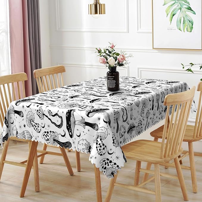 60x108inches Mushroom Tablecloth Retro 70s 60s Hippie Black and White Mushroom by TTQYFNM