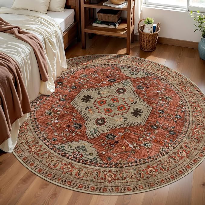 Tangsoo Round Rug 4ft Washable Circle Rug, Vintage Non Slip Small Boho Round Rug - Image 2