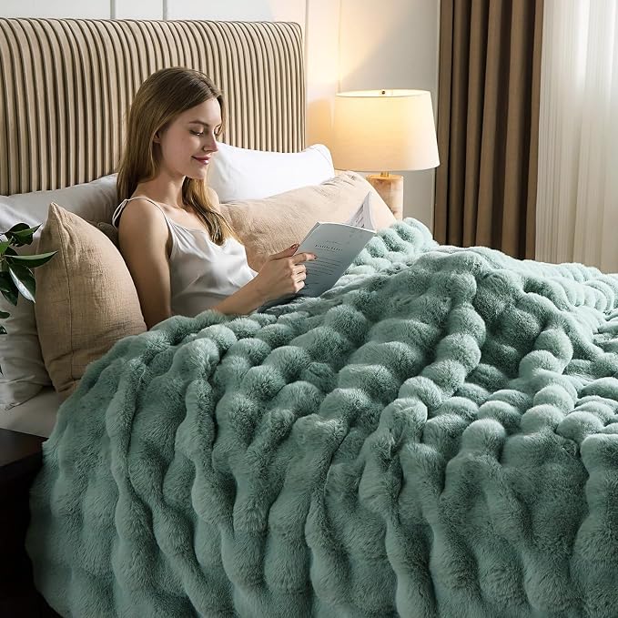 Lotus Karen Faux Fur Throw Blanket Sage Green - Image 3
