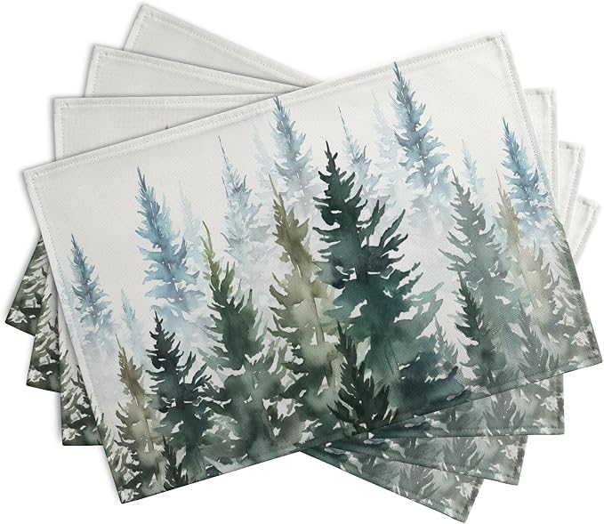 Watercolor Dark Green Tree Table Mats Set of 4 Rustic Nature Forest Pine Tree - Image 2