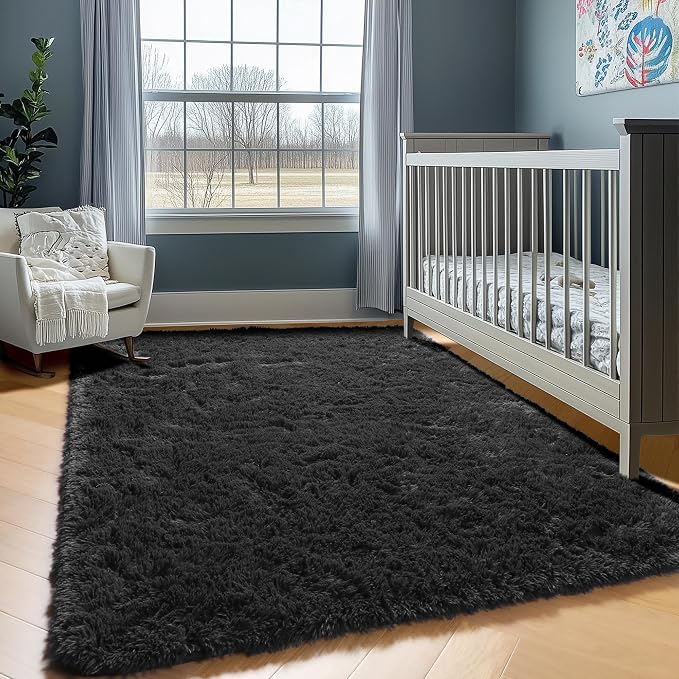 ONASAR Black Area Rugs for Living Room Bedroom, 5x8 Fluffy Shaggy Rug, Washable - Image 7
