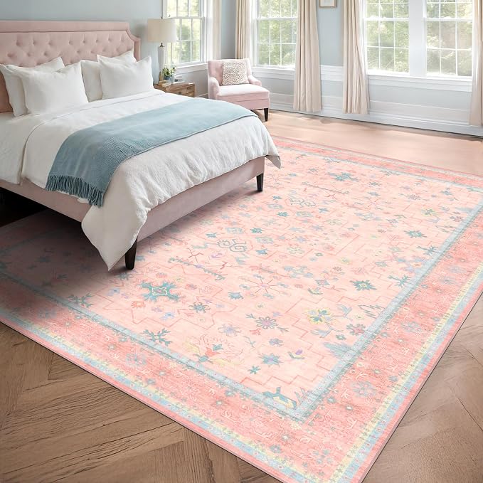 Washable Pink and Blue 8x10 Oushak Rugs - Image 6