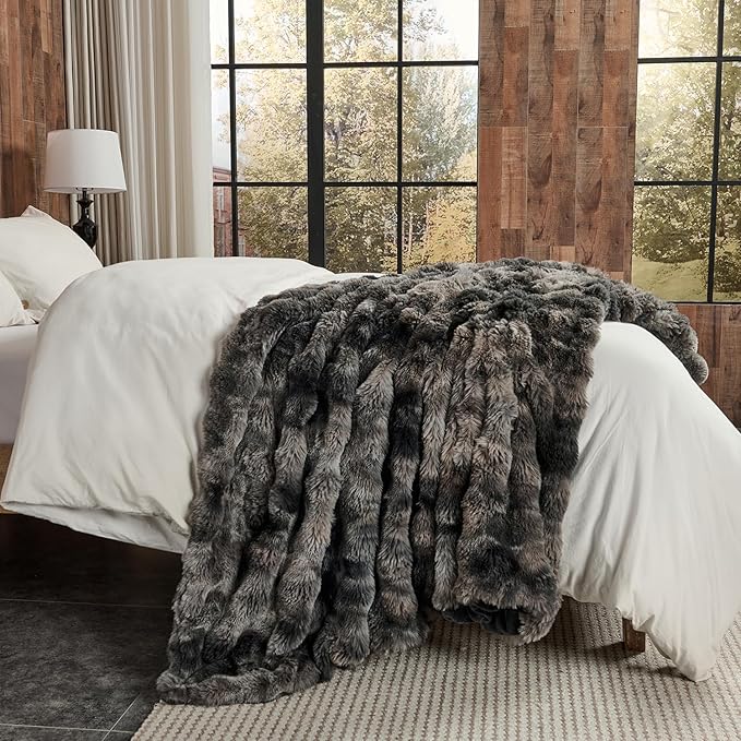 Lotus Karen Faux Fur Blanket Tie-Dye Dark Gray Twin Size - Image 4