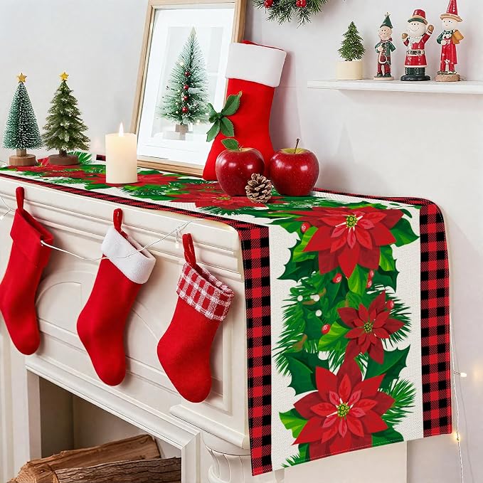 OTOSTAR Black and Red Buffalo Check Plaid Holly Christmas Flowers Table Runner - Image 5
