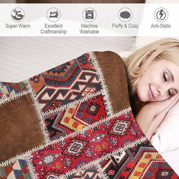 Southwest Aztec Throw Blanket, Native Bohemian Retro Patchwork Traditional - Image 4