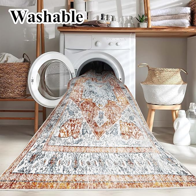 Area Rug 8x10 Washable Rug Tangerine Vintage Traditional Mat Distressed Indoor - Image 3