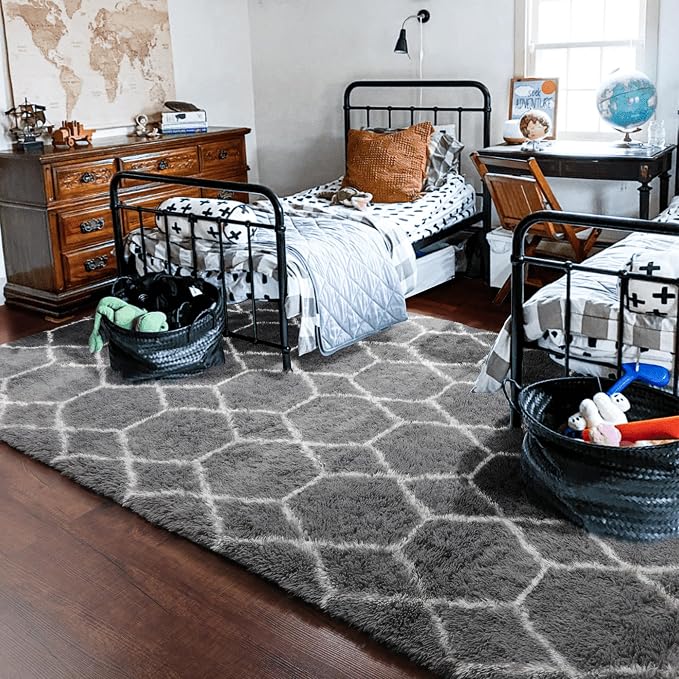 ONASAR Area Rugs for Living Room Bedroom, 5x8 Washable Fluffy Grey and White Rug - Image 8