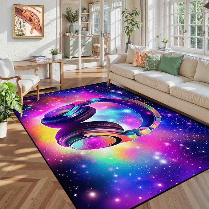 5' X 7' Galaxy Game Area Rug Music Headphone Rugs Colorful Throw Rug Non-Slip - Image 4