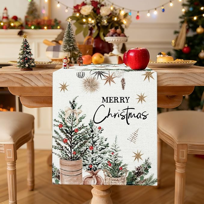 OTOSTAR Xmas Trees Holly Pine Cone Merry Christmas Table Runner, Xmas Seasonal - Image 2