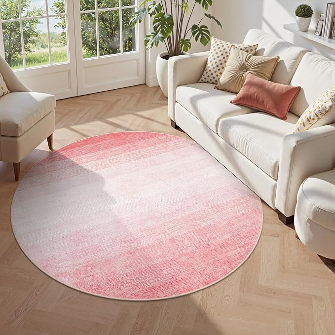 Wonnitar Modern Ombre Pink 5ft Round Rug, Non-Slip Washable Living Room Rugs by Wonnitar